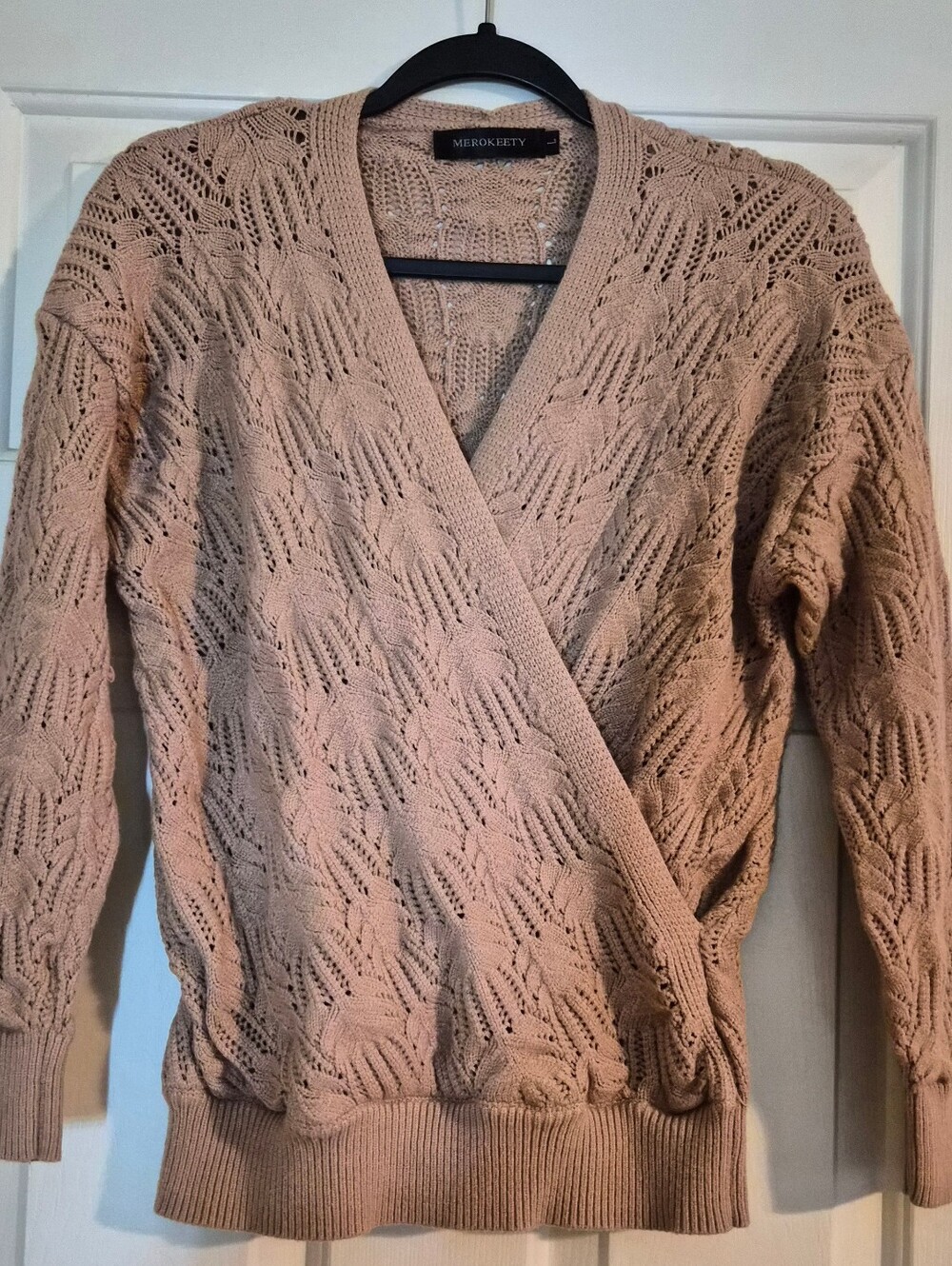 MEROKEETY Pointelle Lace Wrap Sweater V-Neck Long Sleeve - Blush Pink / Nude